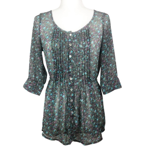 Sound & Matter Women’s Cottagecore Floral Button Down Sheer 3/4 Sleeve Blouse - Picture 2 of 16